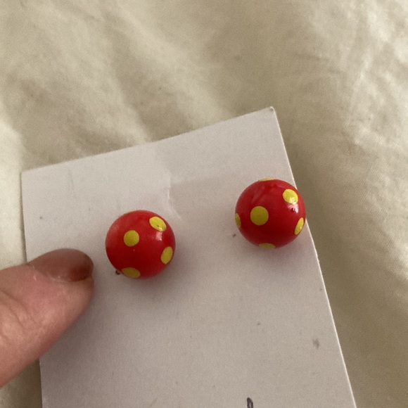 5/$25 Red and yellow lacquered lucite ball pierced earrings - Picture 2 of 4
